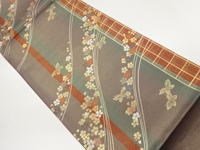 JAPANESE FUKURO OBI / WOVEN SAKURA & STRIPE